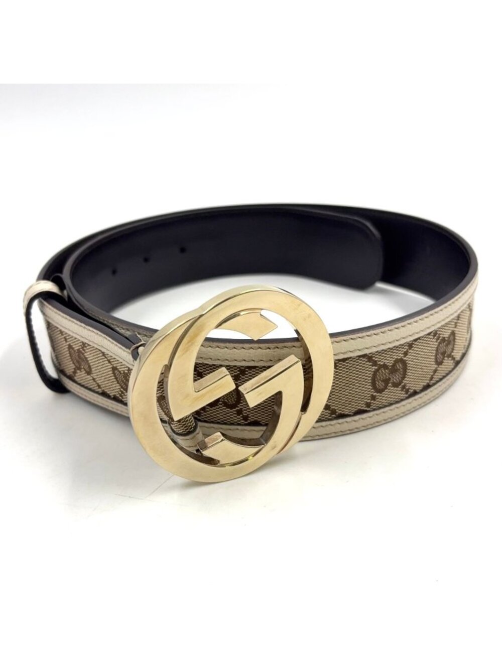 Gucci Interlocking G Leather Canvas Ivory Beige Belt Gold